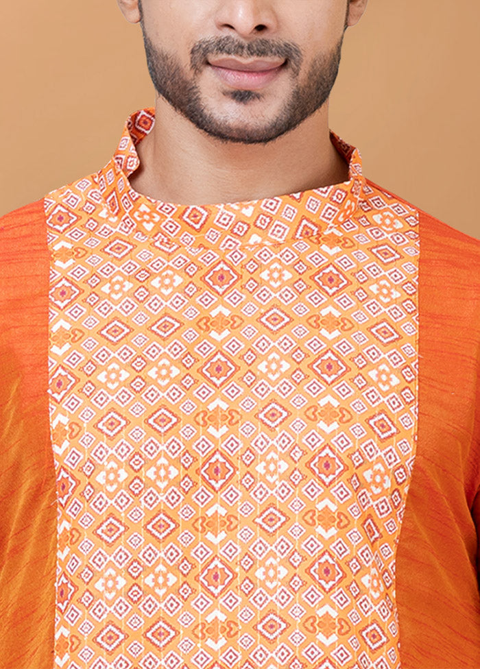 2 Pc Orange Silk Kurta Pajama Set