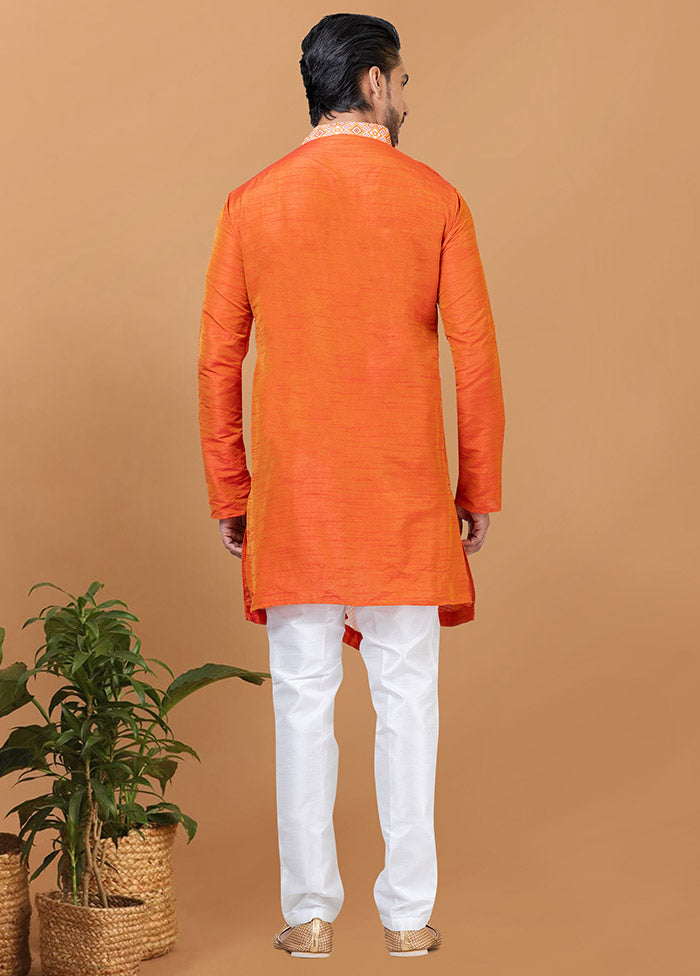 2 Pc Orange Silk Kurta Pajama Set