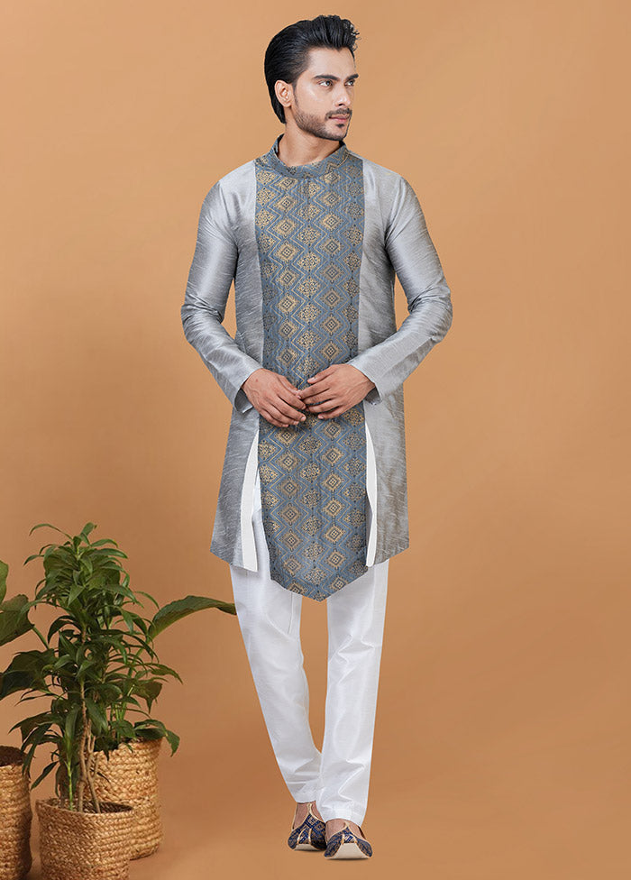 2 Pc Grey Silk Kurta Pajama Set