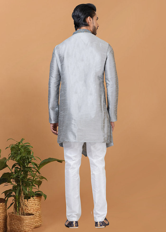 2 Pc Grey Silk Kurta Pajama Set