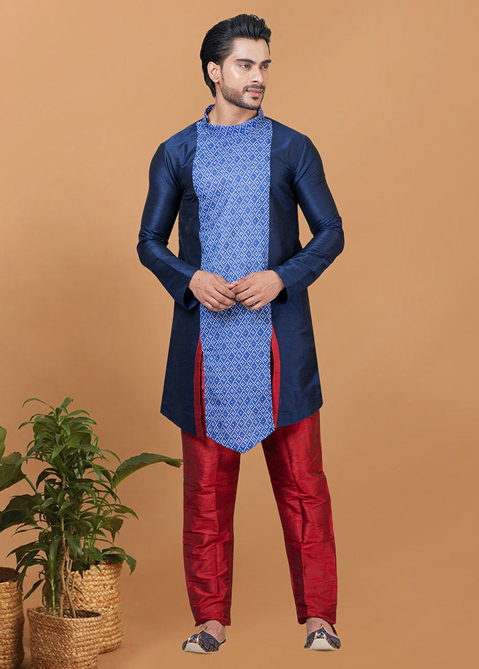 2 Pc Navy Blue Silk Kurta Pajama Set