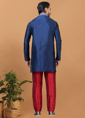 2 Pc Navy Blue Silk Kurta Pajama Set