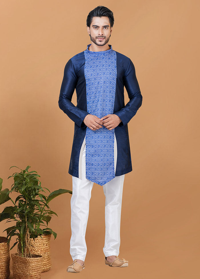 2 Pc Navy Blue Silk Kurta Pajama Set