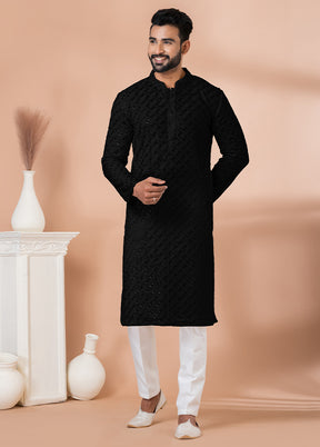 2 Pc Black Georgette Embroidery Kurta Pajama Set