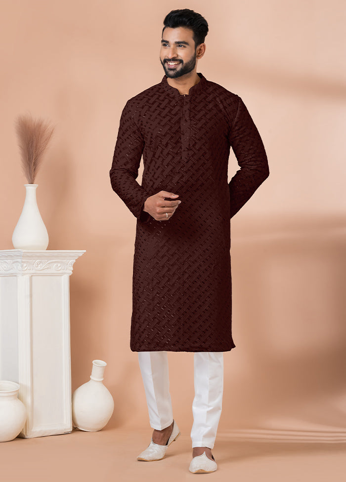 2 Pc Brown Georgette Embroidery Kurta Pajama Set