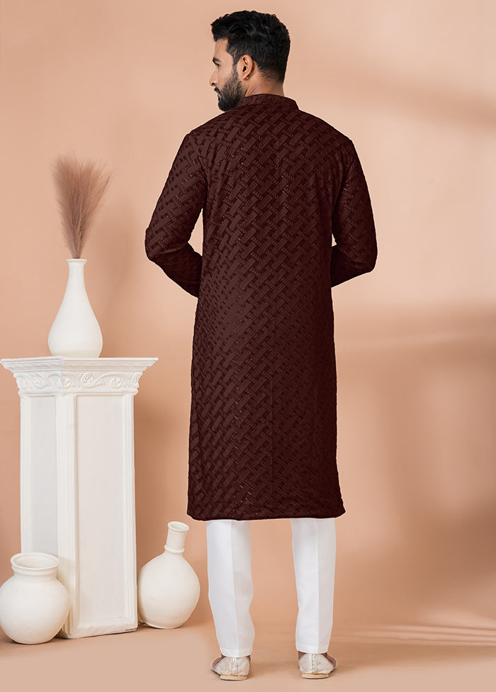 2 Pc Brown Georgette Embroidery Kurta Pajama Set