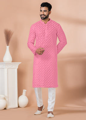 2 Pc Pink Georgette Embroidery Kurta Pajama Set