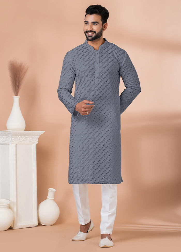 2 Pc Grey Georgette Embroidery Kurta Pajama Set