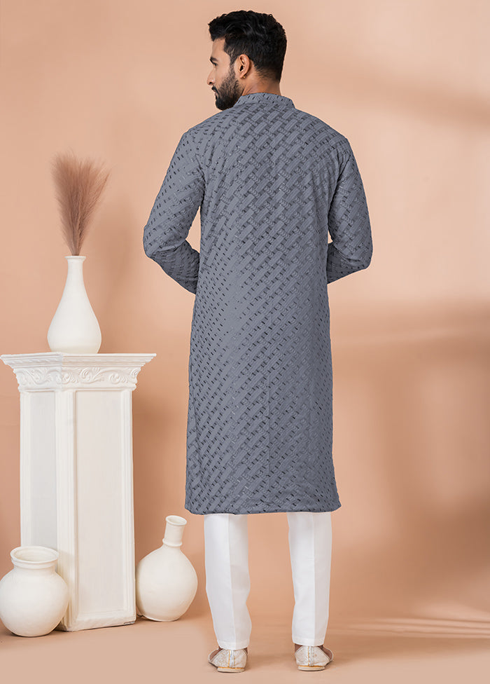 2 Pc Grey Georgette Embroidery Kurta Pajama Set