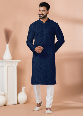 2 Pc Blue Georgette Embroidery Kurta Pajama Set