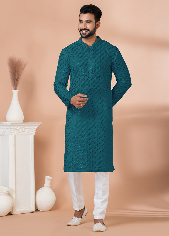 2 Pc Green Georgette Embroidery Kurta Pajama Set