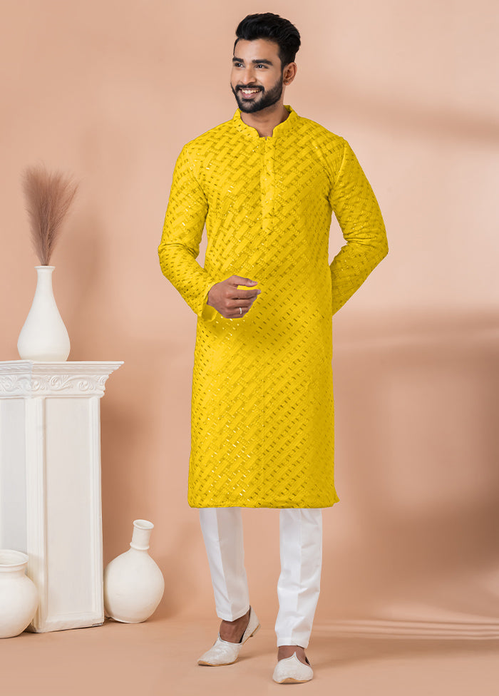 2 Pc Yellow Georgette Embroidery Kurta Pajama Set