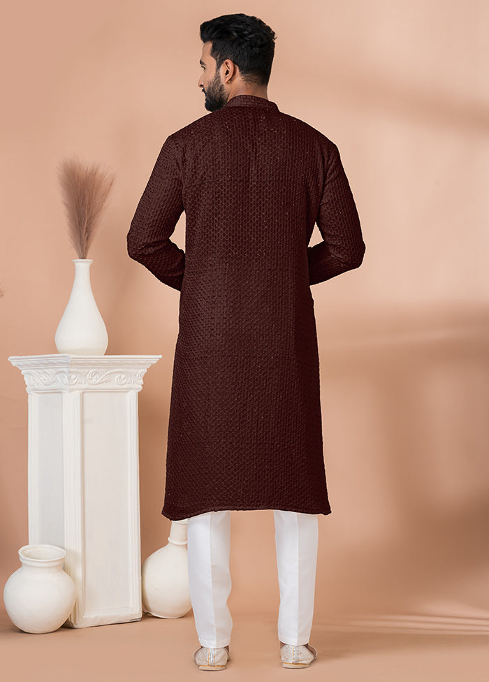 2 Pc Brown Georgette Embroidery Kurta Pajama Set