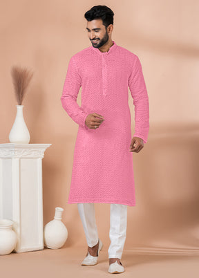 2 Pc Pink Georgette Embroidery Kurta Pajama Set