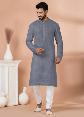 2 Pc Grey Georgette Embroidery Kurta Pajama Set