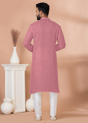 2 Pc Pink Georgette Embroidery Kurta Pajama Set