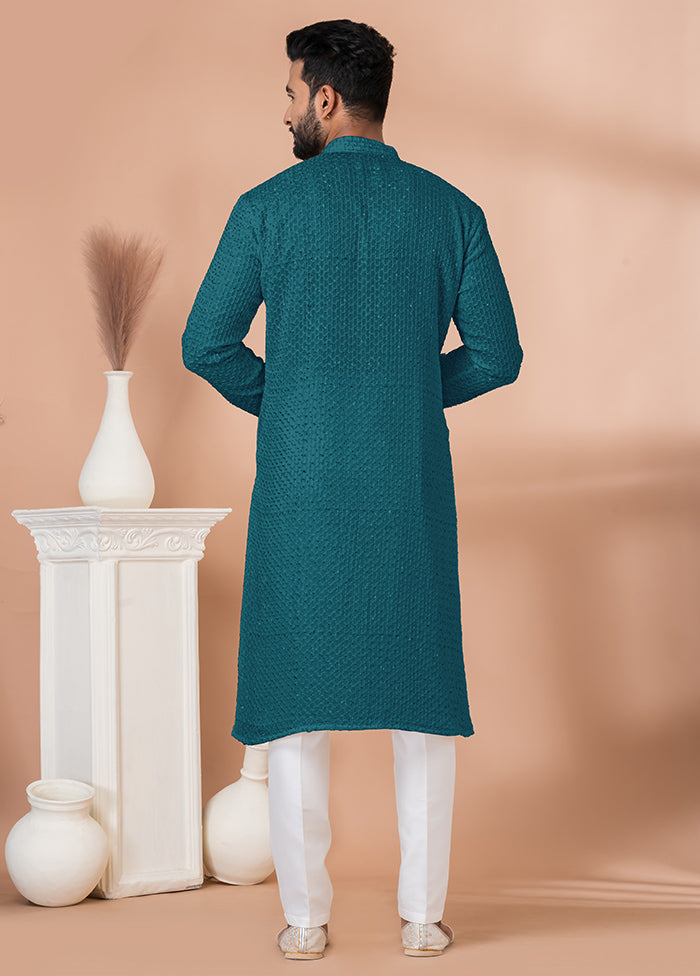 2 Pc Green Georgette Embroidery Kurta Pajama Set