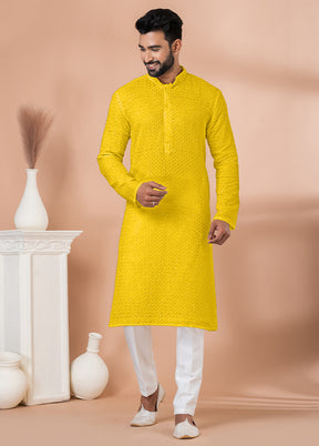 2 Pc Yellow Georgette Embroidery Kurta Pajama Set