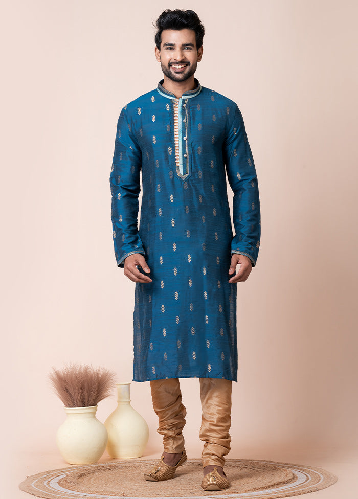 Blue Blended Silk Kurta And Pajama Set