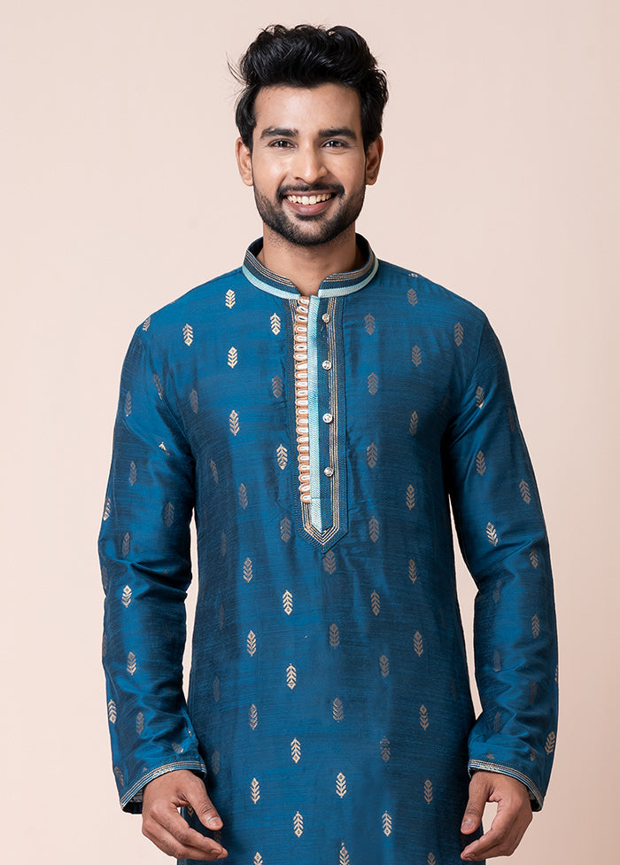 Blue Blended Silk Kurta And Pajama Set