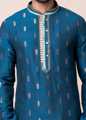 Blue Blended Silk Kurta And Pajama Set