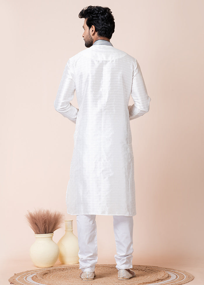 White Blended Silk Kurta And Pajama Set