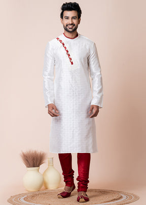 White Blended Silk Kurta And Pajama Set