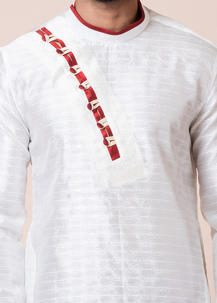 White Blended Silk Kurta And Pajama Set