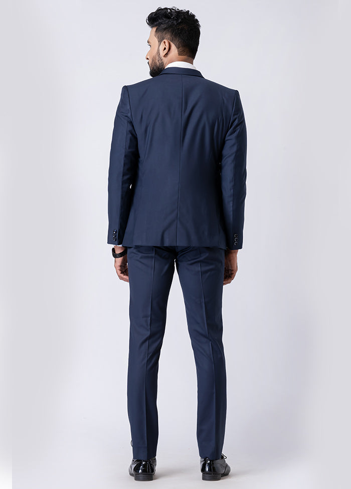 Navy Blue Silk Full Sleeves Mandarin Collar Blazer with Trouser Set