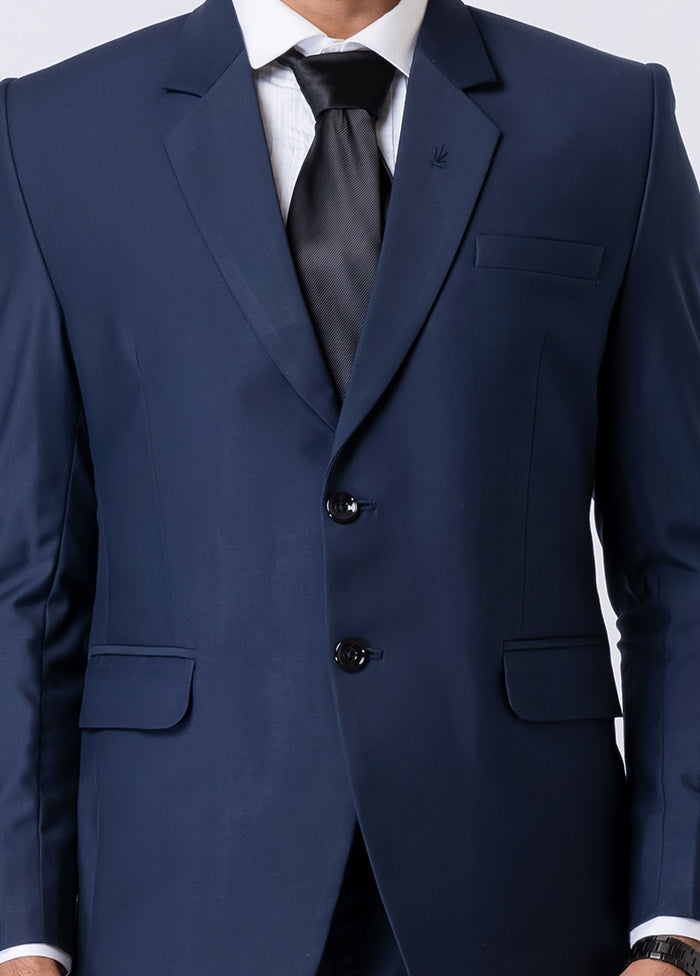 Navy Blue Silk Full Sleeves Mandarin Collar Blazer with Trouser Set