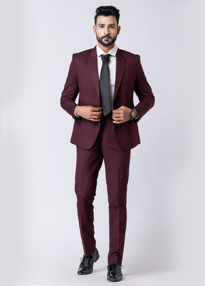 Wine Silk Full Sleeves Mandarin Collar Blazer with Trouser Set