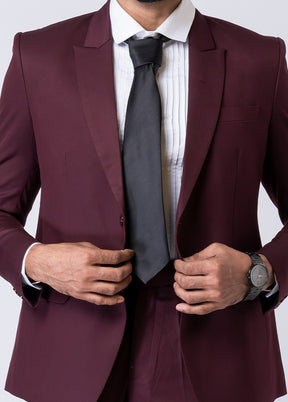 Wine Silk Full Sleeves Mandarin Collar Blazer with Trouser Set