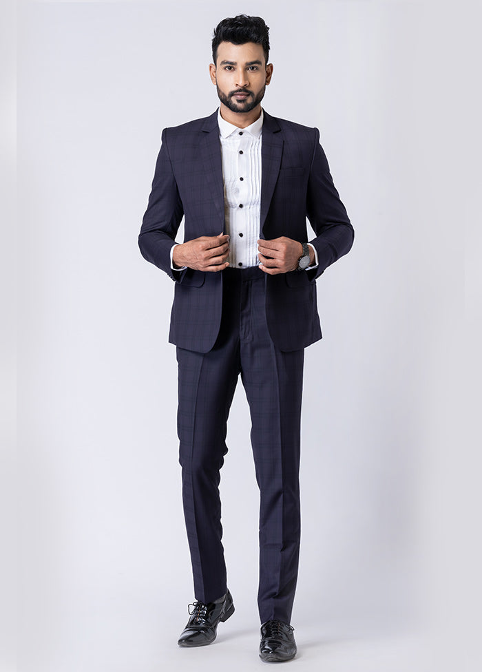 Navy Blue Silk Full Sleeves Mandarin Collar Blazer with Trouser Set