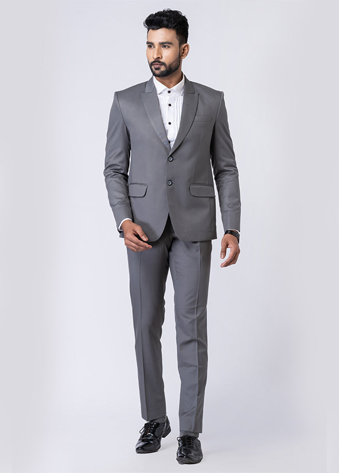 Grey Silk Full Sleeves Mandarin Collar Blazer with Trouser Set