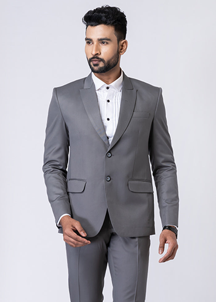 Grey Silk Full Sleeves Mandarin Collar Blazer with Trouser Set