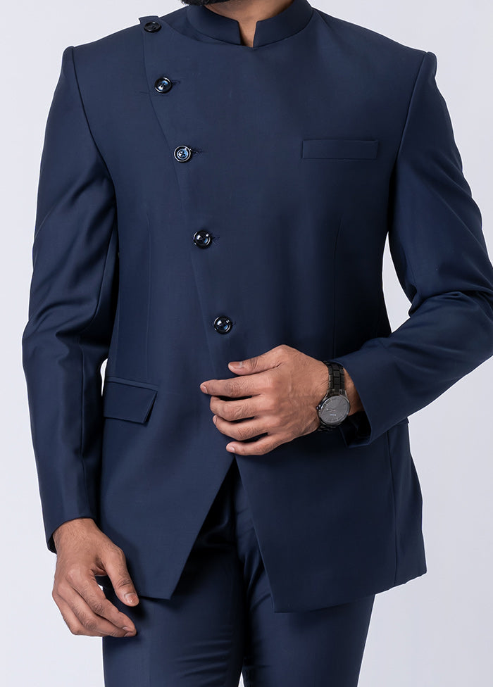 Navy Blue Silk Full Sleeves Mandarin Collar Jodhpuri Kurta With Trouser Set