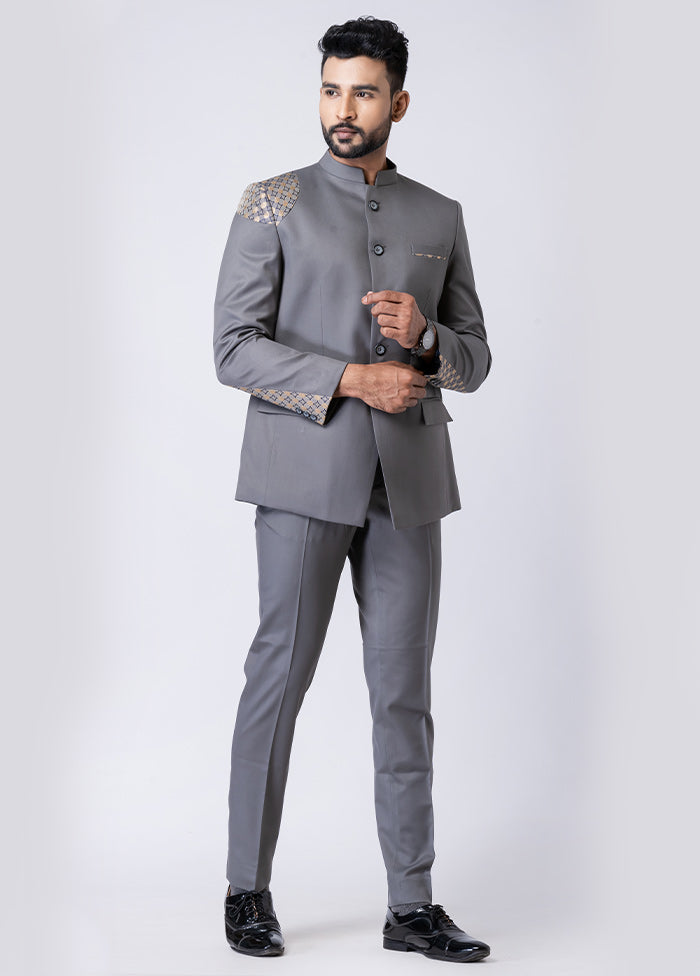 Grey Silk Full Sleeves Mandarin Collar Jodhpuri Kurta With Trouser Set