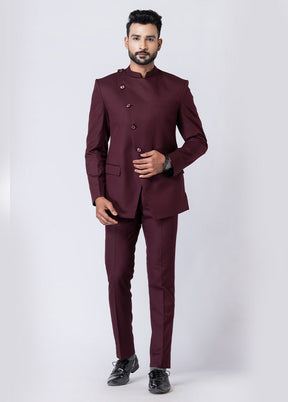 Wine Silk Full Sleeves Mandarin Collar Jodhpuri Kurta With Trouser Set