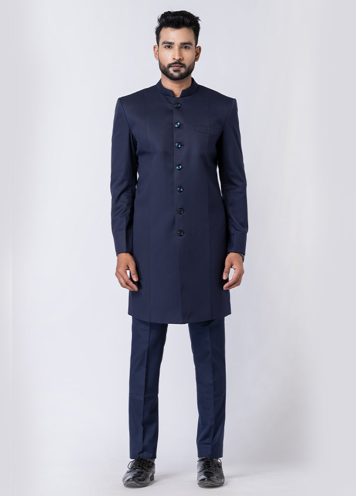 Navy Blue Silk Full Sleeves Mandarin Collar Jodhpuri Kurta With Trouser Set