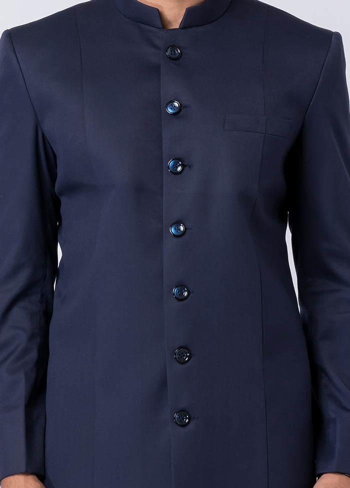 Navy Blue Silk Full Sleeves Mandarin Collar Jodhpuri Kurta With Trouser Set