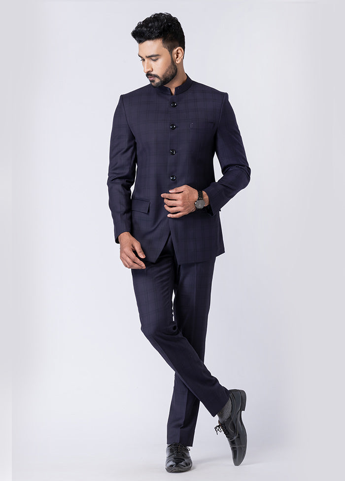 Navy Blue Silk Full Sleeves Mandarin Collar Jodhpuri Kurta With Trouser Set