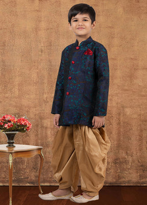 2 Pc Navy Blue Dupion Silk Kurta Dhoti Set - Indian Silk House Agencies