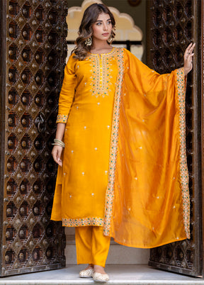3 Pc Yellow Readymade Silk Dupatta Suit Set