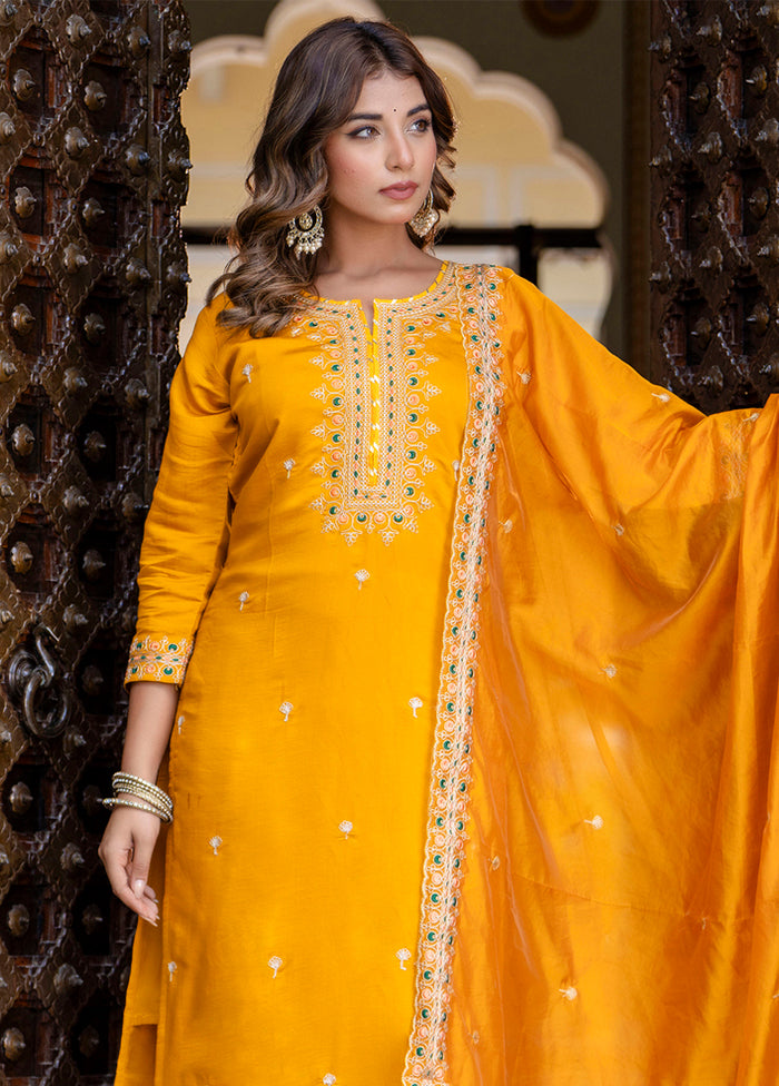 3 Pc Yellow Readymade Silk Dupatta Suit Set