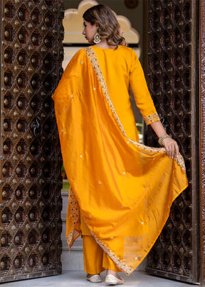 3 Pc Yellow Readymade Silk Dupatta Suit Set