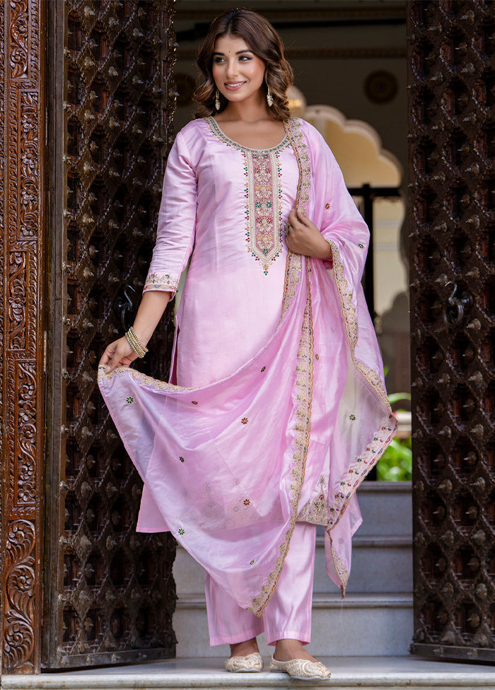 3 Pc Pink Readymade Silk Dupatta Suit Set