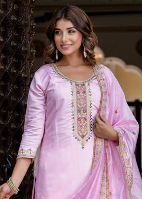3 Pc Pink Readymade Silk Dupatta Suit Set