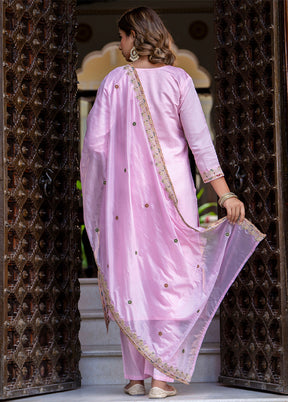 3 Pc Pink Readymade Silk Dupatta Suit Set