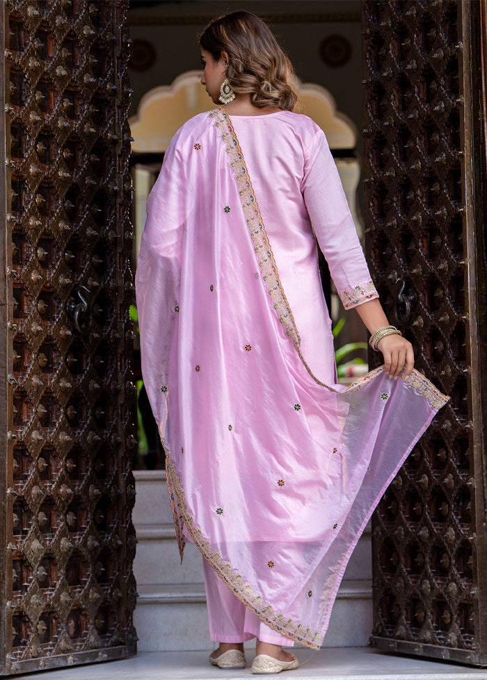 3 Pc Pink Readymade Silk Dupatta Suit Set