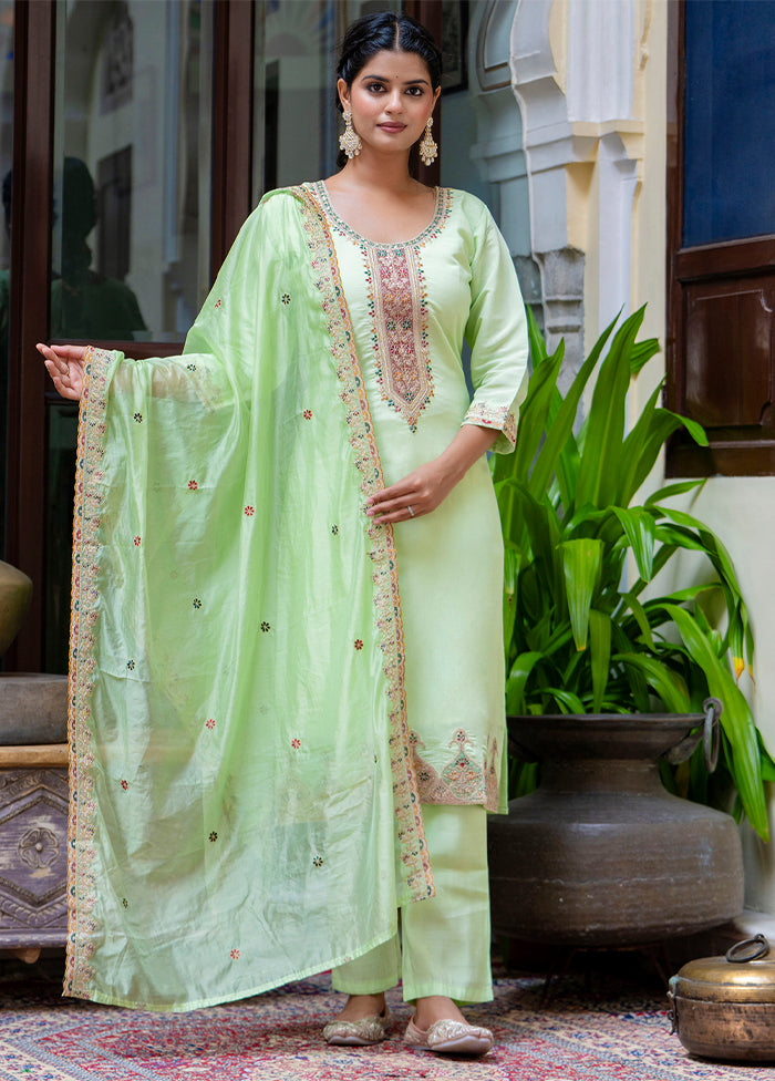 3 Pc Pista Green Readymade Silk Dupatta Suit Set